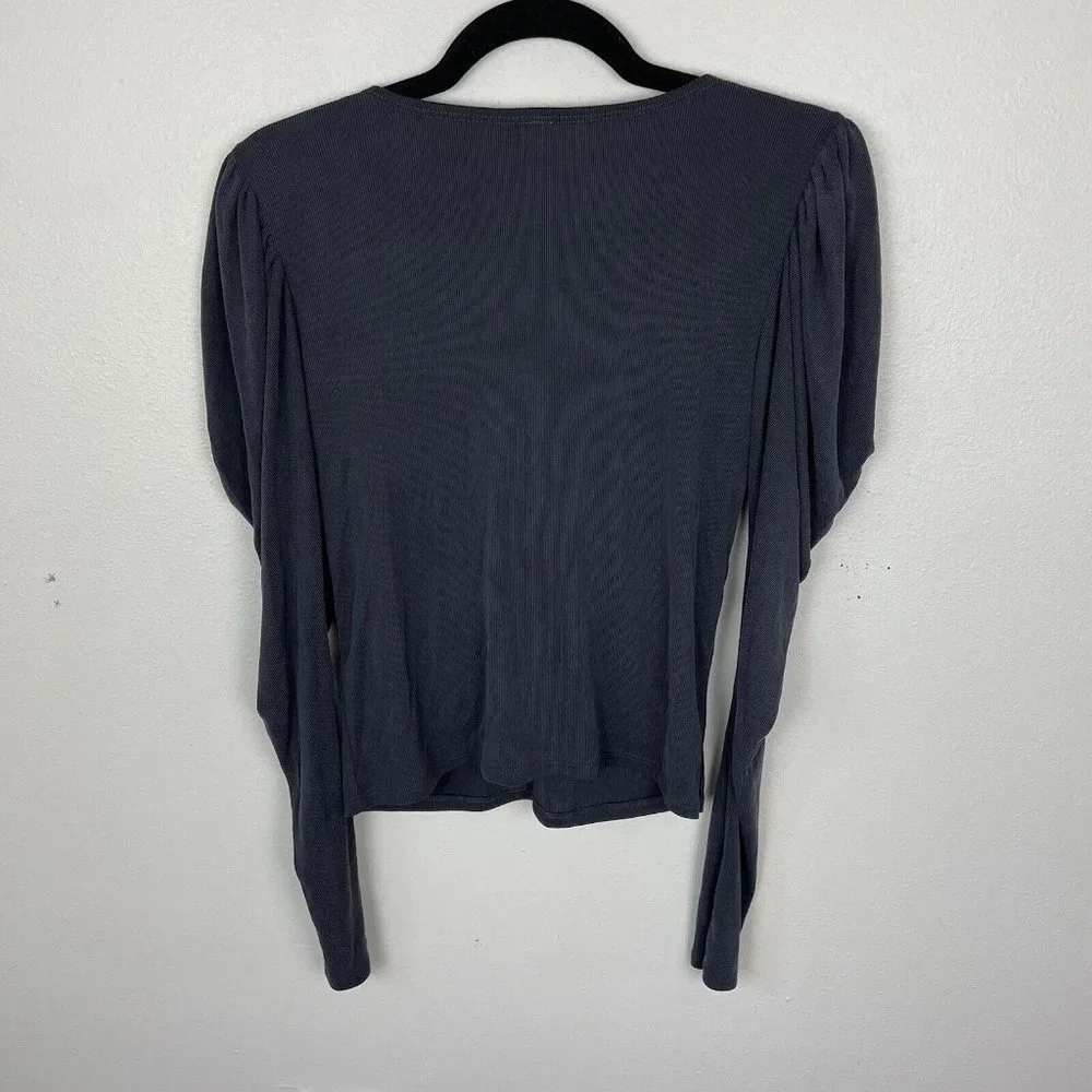Free People Puff Shoulder Tie Front Tie The Knot Top Ribbed Long Sleeves Gray S